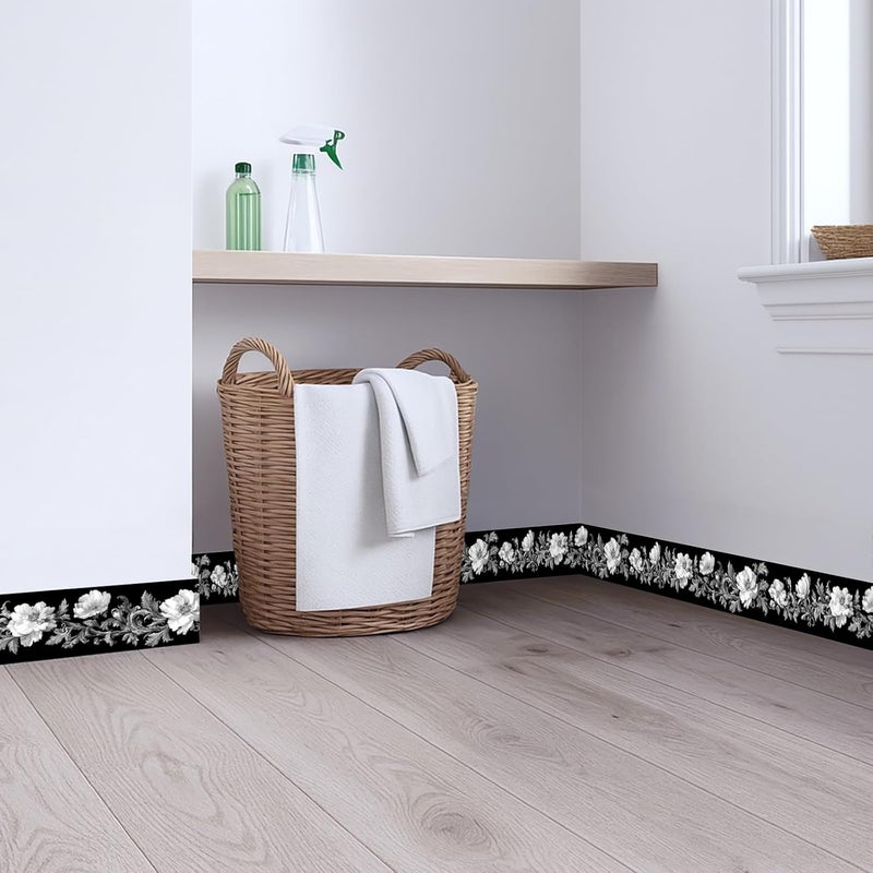 IOHEFY Black White Floral Wallpaper Border 196x4 Inch Removable Wall Border Peel and Stick Rose Flower Design for Bedroom Bathroom Living Room Kitchen Wall Trim Decor Elegant Vintage Style - Image 5